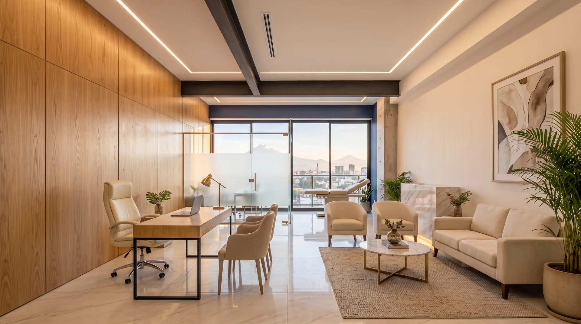 Consultorio con escritorio de atención, sala de espera y área de exploración en madera clara