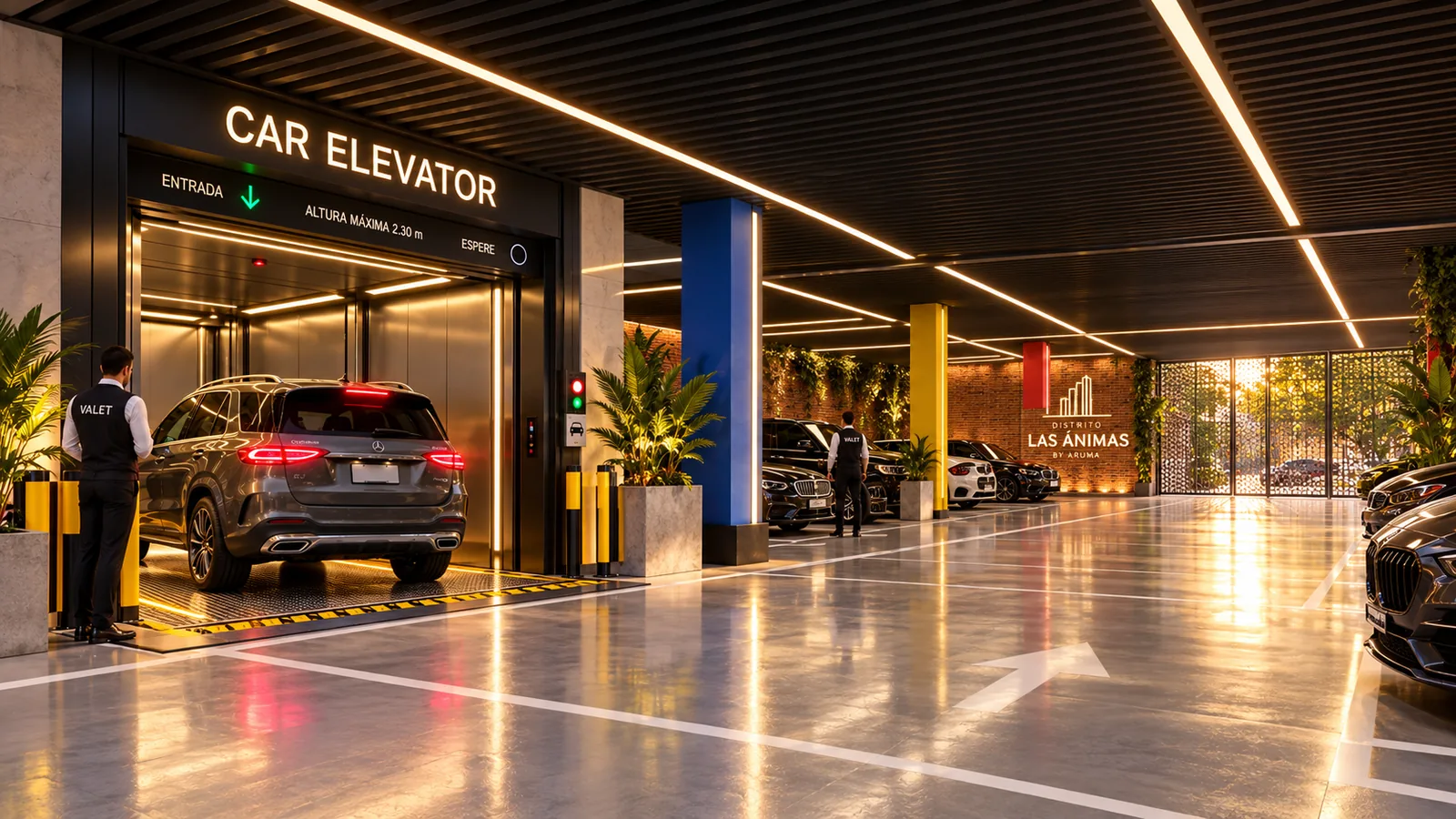 Estacionamiento con car elevator, piso epóxico y columnas de color