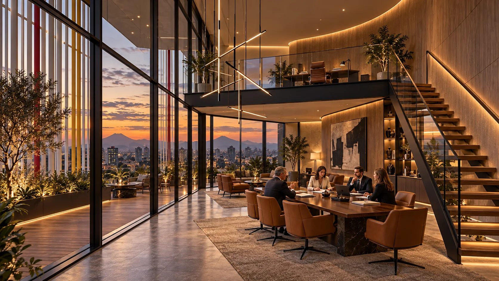 Pent-office PO-602 de doble altura de 6 m acondicionado como family office, con escalera escultórica, planta alta y ventanal al atardecer