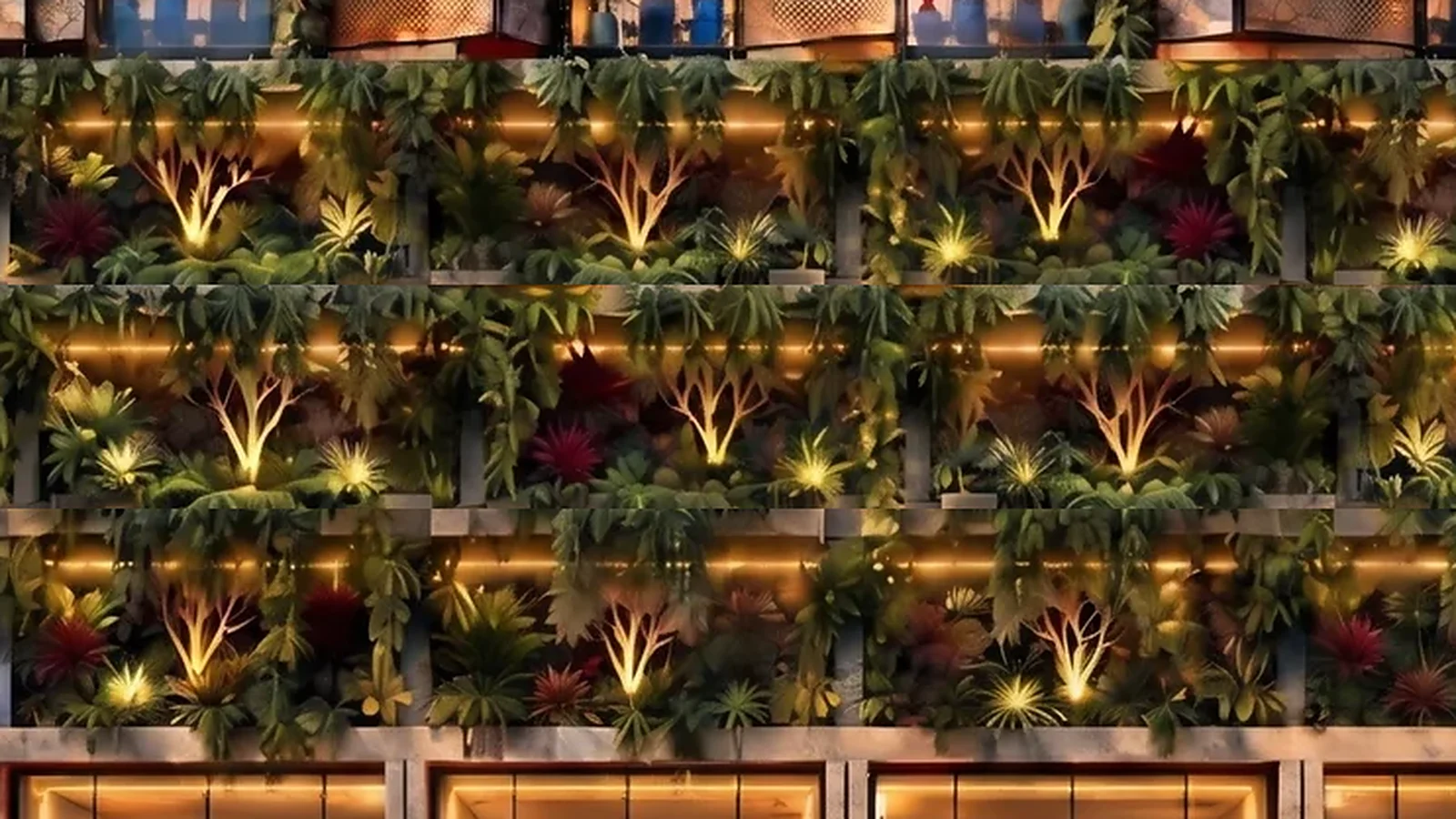 Jardineras colgantes iluminadas frente a los niveles de estacionamiento