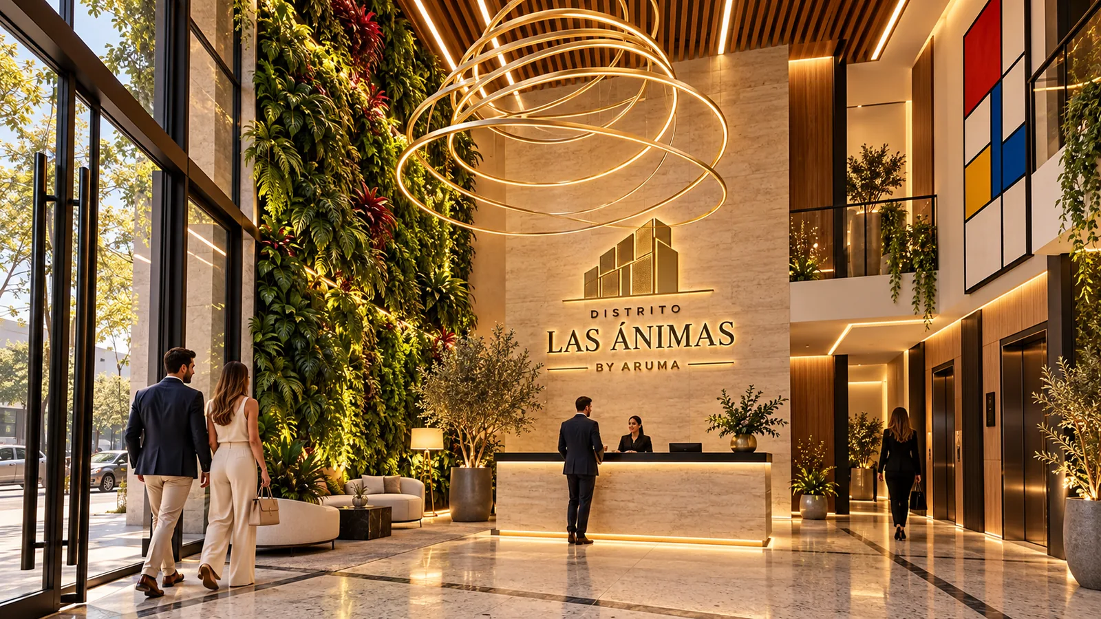 Lobby a doble altura con mostrador de travertino, muro de arte y el logo de Distrito Las Ánimas