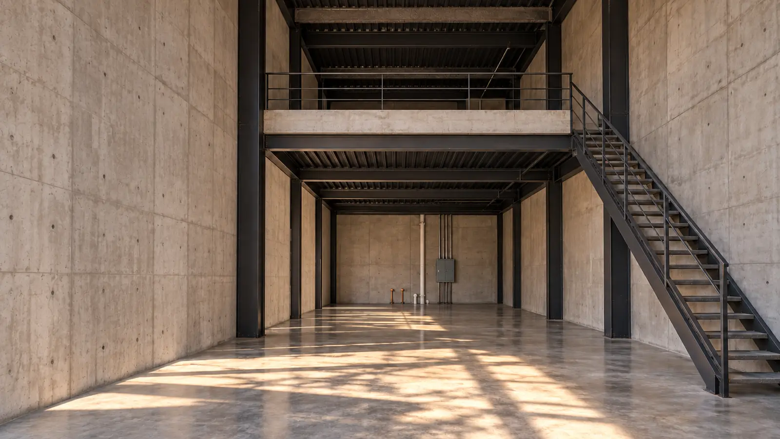 El mismo local en obra negra con estructura de acero y concreto aparente