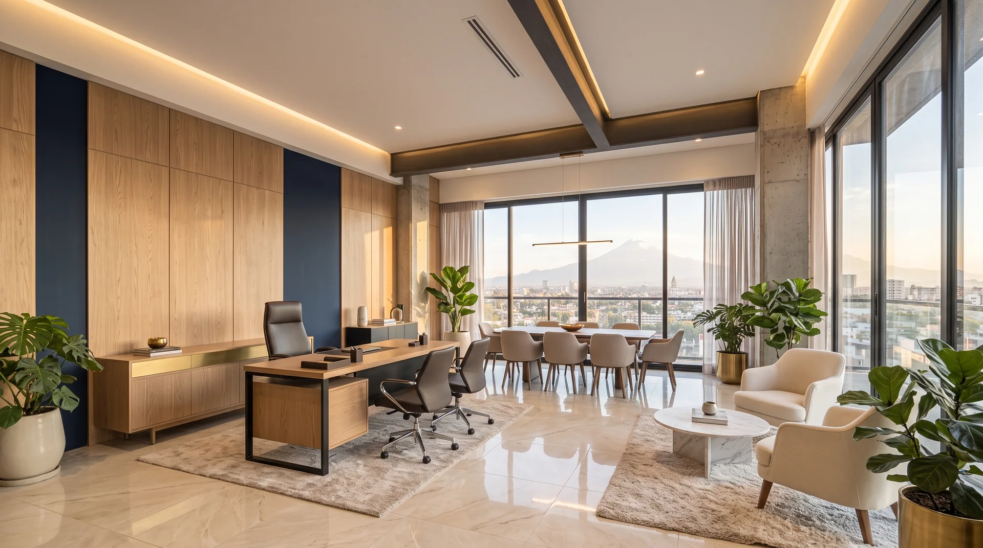 Oficina corporativa en esquina con escritorio de dirección, sala de juntas y lounge
