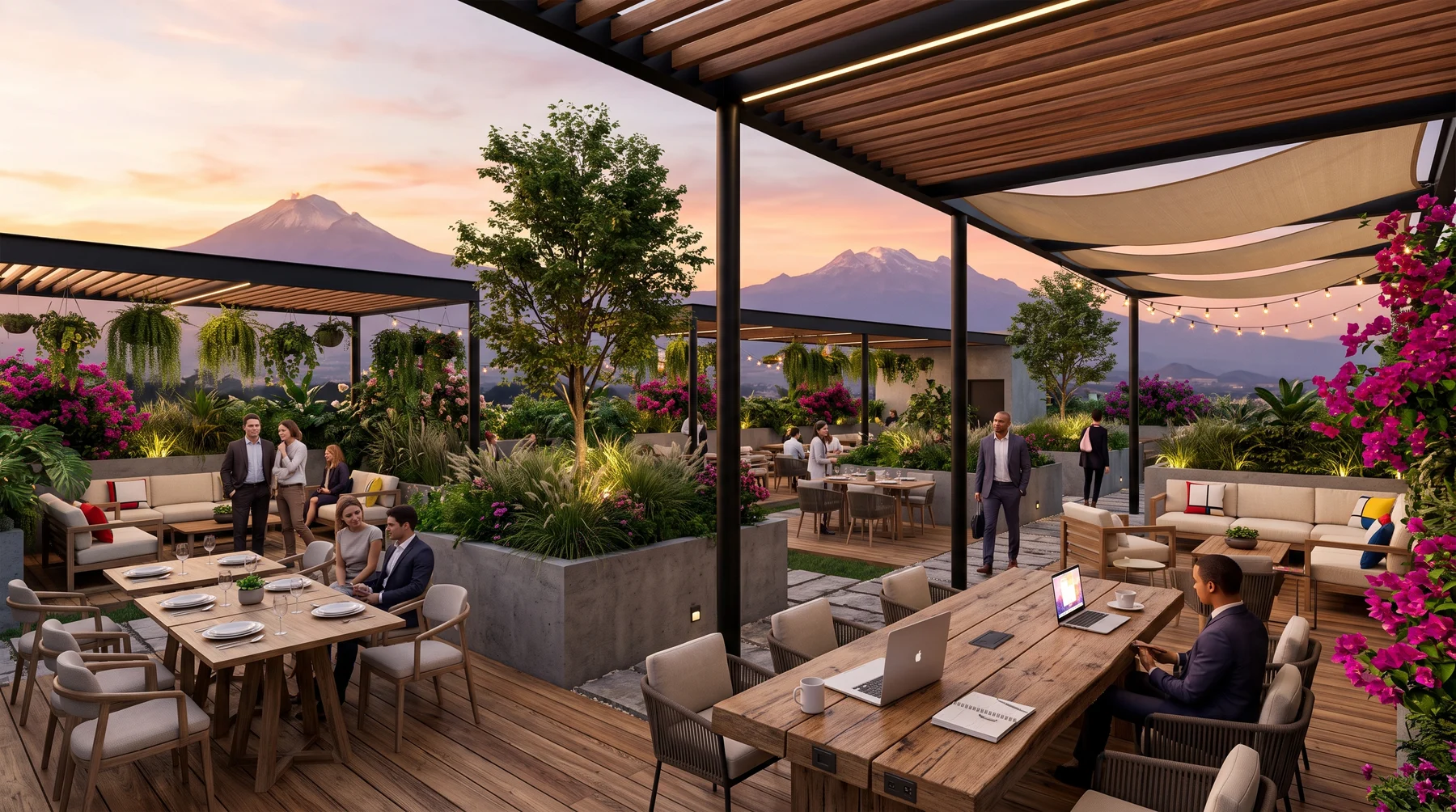 Business rooftop con pérgolas y vista a los volcanes