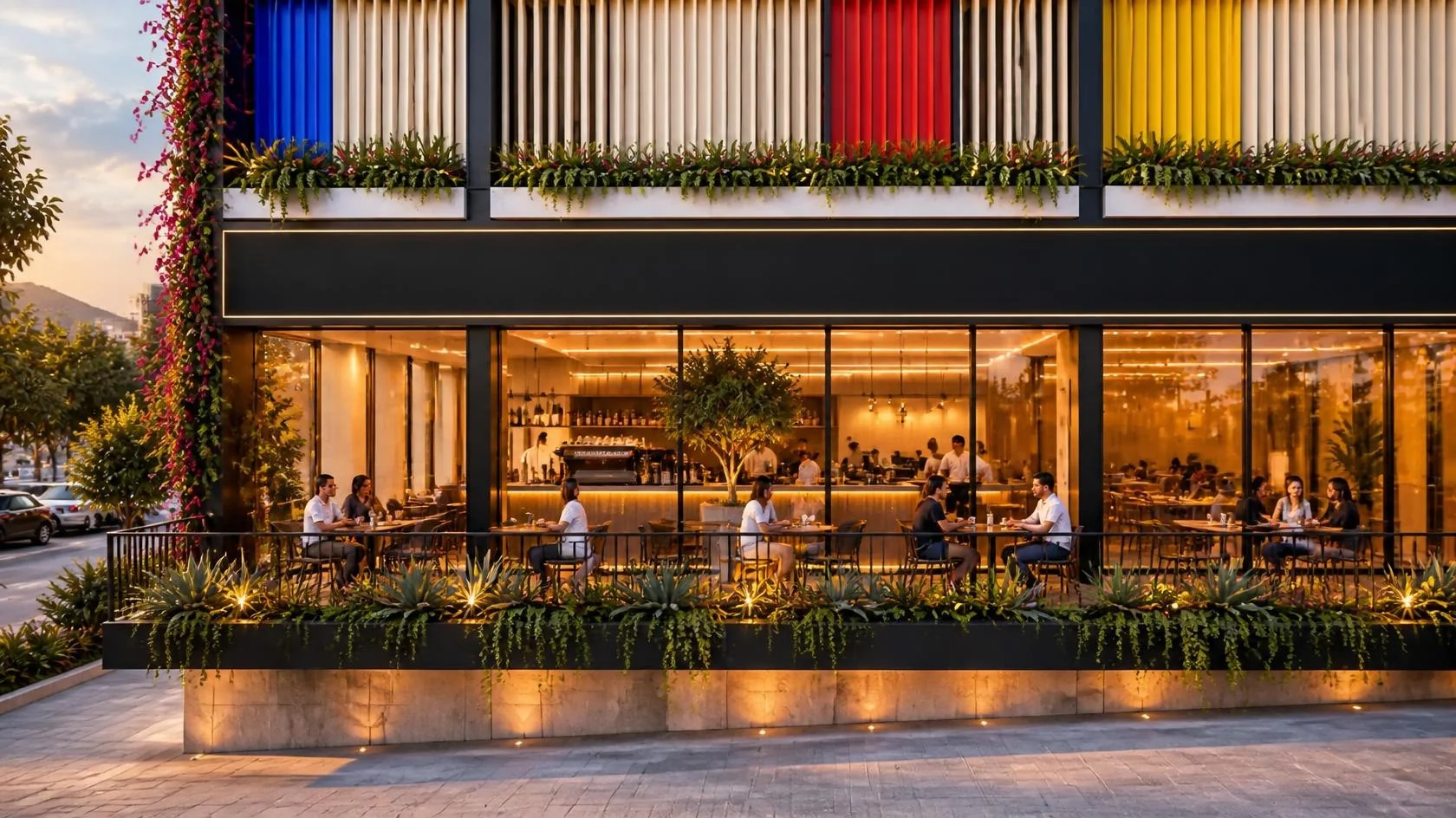 Terraza privada de un local elevado con mesas de café, jardinera y escaparate de doble altura
