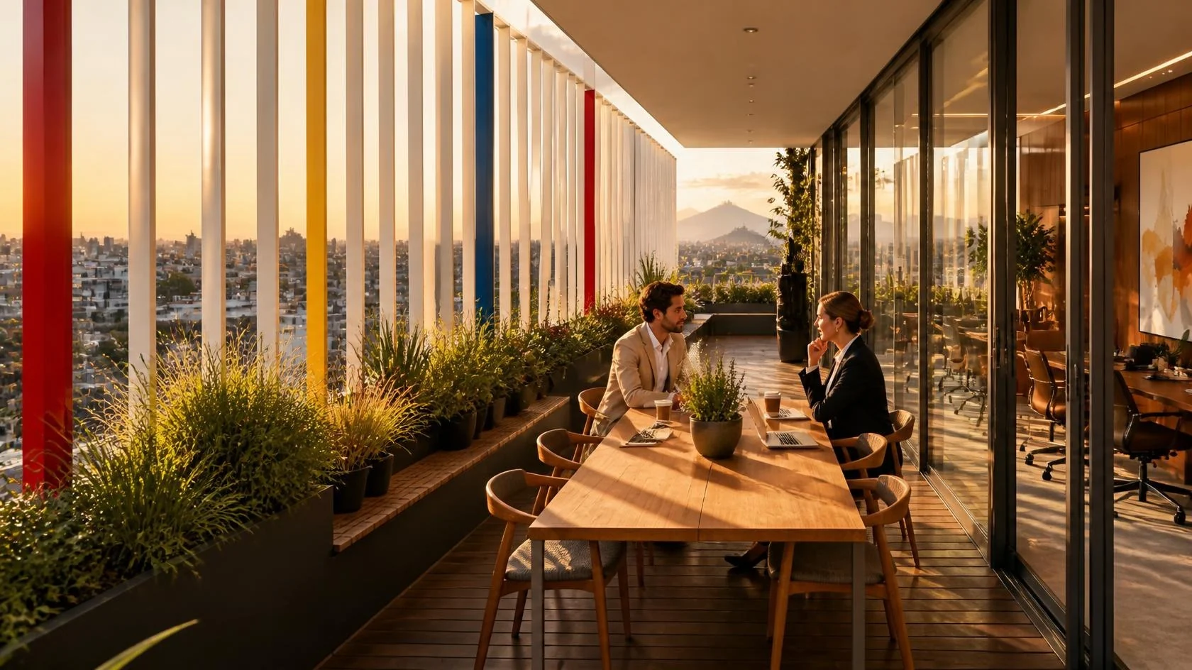 Terraza privada de oficina con mesa de juntas al aire libre