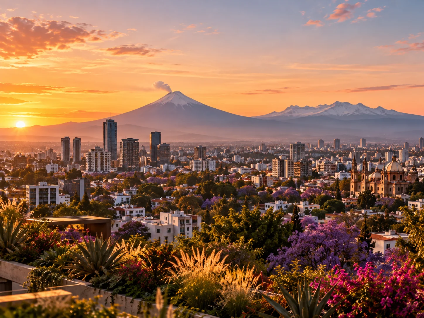 Popocatépetl e Iztaccíhuatl sobre la ciudad de Puebla